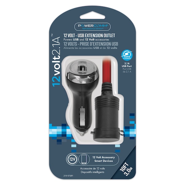 Powercomm 12v 10ft Extension Outlet 1-Port & 2.1a USB 215-57201 - main